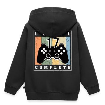 17e anniversaire Niveau 17e anniversaire 17 ans Jeux - Sweat Premium à capuche enfant bio - noir - Dos - AI Model Kid Male (0cm)