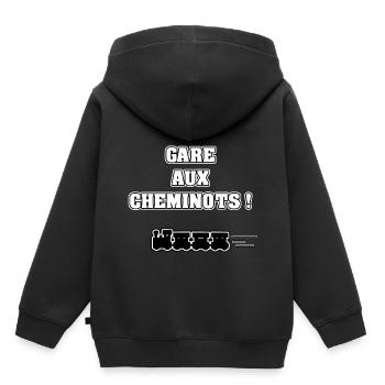 GARE AUX CHEMINOTS !-JEUX DE MOTS - FRANCOIS VILLE - Sweat Premium à capuche enfant bio - noir - Dos - AI Model Kid Male (0cm)