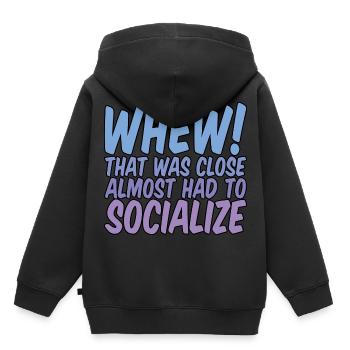 Ouf qui était proche Il fallait presque socialiser - Sweat Premium à capuche enfant bio - noir - Dos - AI Model Kid Male (0cm)