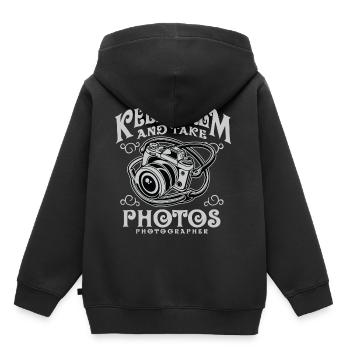 Gardez le calme et prendre des photos - Caméra shirt design - Sweat Premium à capuche enfant bio - noir - Dos - AI Model Kid Male (0cm)