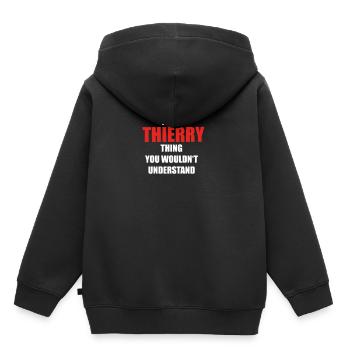 Cadeau ce Sá chose anniversaire comprendre THIERRY - Sweat Premium à capuche enfant bio - noir - Dos - AI Model Kid Male (0cm)