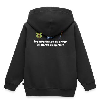 Du bist niemals zu alt um im Dreck zu spielen! - Kinder Premium Organic Hoodie - Schwarz - Hinten - AI Model Kid Male (0cm)