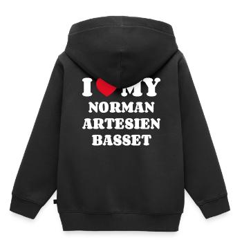 J’adore mon Norman Artesien Basset - Sweat Premium à capuche enfant bio - noir - Dos - AI Model Kid Male (0cm)