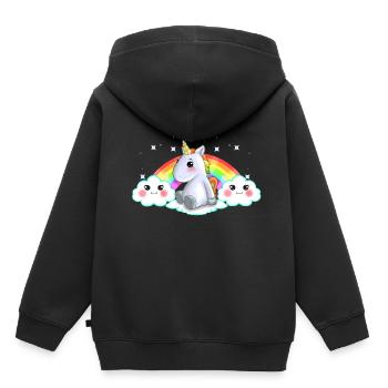 Sitzender Einhorn-Regenbogen Kawaii bewölkt Geschenk-Idee - Kinder Premium Organic Hoodie - Schwarz - Hinten - AI Model Kid Male (0cm)
