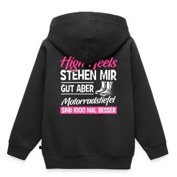 Motorrad Frau Shirt · Superbikerin · Stöckelschuhe - Kinder Premium Organic Hoodie - Schwarz - Hinten - AI Model Kid Male (0cm)