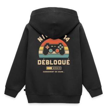 Anniversaire Niveau 14 Ans Débloqué Gamer Gaming - Sweat Premium à capuche enfant bio - noir - Dos - AI Model Kid Male (0cm)