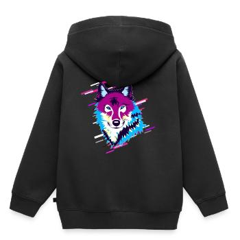 Wolf Tier 80er Retro Violett - Kinder Premium Organic Hoodie - Schwarz - Hinten - AI Model Kid Male (0cm)