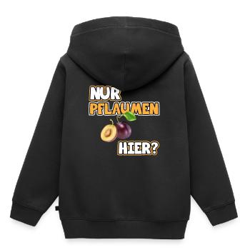 Pflaumen Bild Lustige Sprüche. Nur Pflaumen hier? - Kinder Premium Organic Hoodie - Schwarz - Hinten - AI Model Kid Male (0cm)