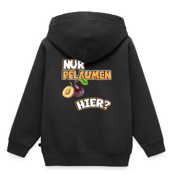 Pflaumen Bild Lustige Sprüche. Nur Pflaumen hier? - Kinder Premium Organic Hoodie - Schwarz - Hinten - AI Model Kid Male (0cm)