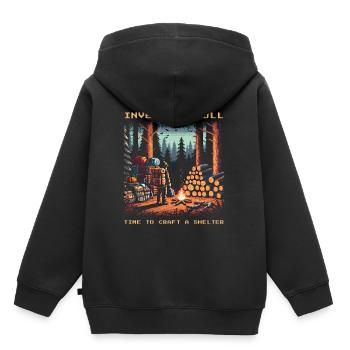 Inventaire plein - Fabrication d’abris - Dicton Bushcraft - Sweat Premium à capuche enfant bio - noir - Dos - AI Model Kid Male (0cm)
