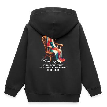 Crochet Quest : Couverture terminée | Laine faite à la main - Sweat Premium à capuche enfant bio - noir - Dos - AI Model Kid Male (0cm)