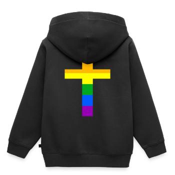 LGBT Cross Christianity Rainbow Flag Church - Sweat Premium à capuche enfant bio - noir - Dos - AI Model Kid Male (0cm)