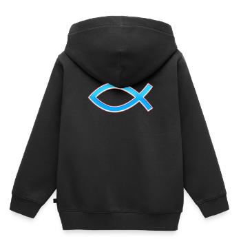 Jésus Poisson Ichtys Symbole chrétien Bord rouge - Sweat Premium à capuche enfant bio - noir - Dos - AI Model Kid Male (0cm)