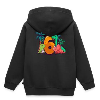 6ème anniversaire Trex Triceratops Dinosaure 6 ans - Sweat Premium à capuche enfant bio - noir - Dos - AI Model Kid Male (0cm)