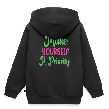 Machen Sie sich zu einer Priorität Psychische Gesundheit - Kinder Premium Organic Hoodie - Schwarz - Hinten - AI Model Kid Male (0cm)