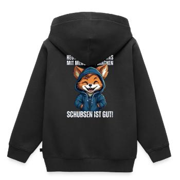 Süßer Cartoon Fuchs: "Heute Menschen schubsen" - Kinder Premium Organic Hoodie - Schwarz - Hinten - AI Model Kid Male (0cm)