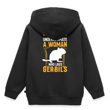 Femme avec gerbille rongeur Gerbille - Sweat Premium à capuche enfant bio - noir - Dos - AI Model Kid Male (0cm)