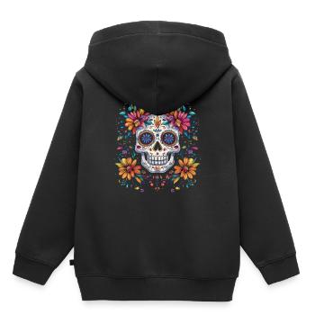 Jour de la mort Crâne en sucre avec des fleurs colorées - Sweat Premium à capuche enfant bio - noir - Dos - AI Model Kid Male (0cm)