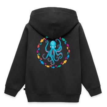 Blauer Oktopus im bunten Fischekreis - Kinder Premium Organic Hoodie - Schwarz - Hinten - AI Model Kid Male (0cm)