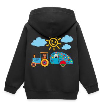 Teddy tire un camping-car coloré avec tracteur - Sweat Premium à capuche enfant bio - noir - Dos - AI Model Kid Male (0cm)