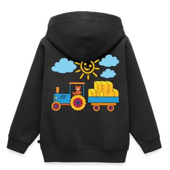 Teddy transporte des balles de foin avec le tracteur - Sweat Premium à capuche enfant bio - noir - Dos - AI Model Kid Male (0cm)