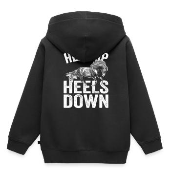 Tête haute talons vers le bas Cavalier Équitation Cheval - Sweat Premium à capuche enfant bio - noir - Dos - AI Model Kid Male (0cm)