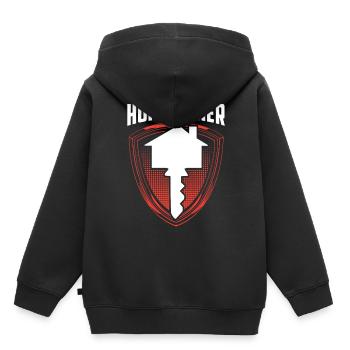 Propriétaire Propriétaire Maison Hôte - Sweat Premium à capuche enfant bio - noir - Dos - AI Model Kid Male (0cm)