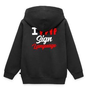 J’aime la sensibilisation aux signes en langue des signes - Sweat Premium à capuche enfant bio - noir - Dos - AI Model Kid Male (0cm)