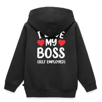 J’aime mon patron (travailleur indépendant) pigiste - Sweat Premium à capuche enfant bio - noir - Dos - AI Model Kid Male (0cm)