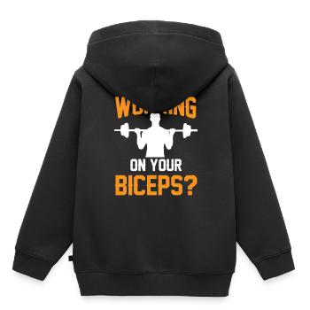 Travaillez vos biceps, vos biceps, vos boucles, vos muscles - Sweat Premium à capuche enfant bio - noir - Dos - AI Model Kid Male (0cm)