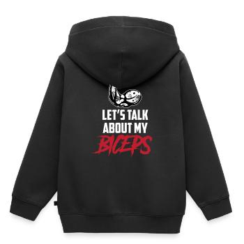 Parlons de mes biceps, de mes biceps, de mes boucles, de mes muscles - Sweat Premium à capuche enfant bio - noir - Dos - AI Model Kid Male (0cm)