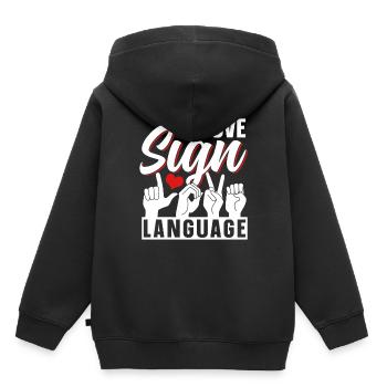 J’adore la sensibilisation aux signes en langue des signes - Sweat Premium à capuche enfant bio - noir - Dos - AI Model Kid Male (0cm)