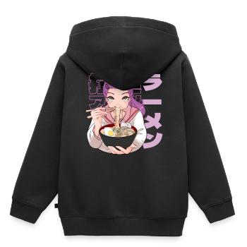 Soupe de nouilles Ramen d’anime d’écolière japonaise - Sweat Premium à capuche enfant bio - noir - Dos - AI Model Kid Male (0cm)