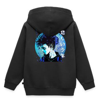 Sad Anime Boy Edgy Japanese Vaporwave Urban Street - Kinder Premium Organic Hoodie - Schwarz - Hinten - AI Model Kid Male (0cm)