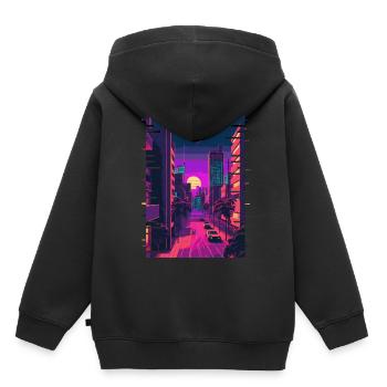 Ville Japonaise Indie Esthétique Glitch Art 80s 90s V - Sweat Premium à capuche enfant bio - noir - Dos - AI Model Kid Male (0cm)