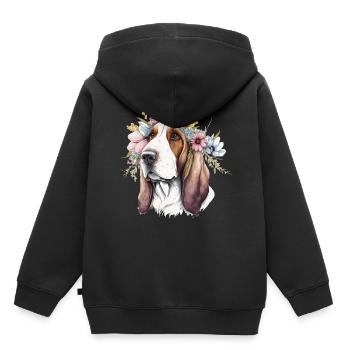 Mignon Basset Hound Fleur Couronne Chien de Compagnie Race Flora - Sweat Premium à capuche enfant bio - noir - Dos - AI Model Kid Male (0cm)