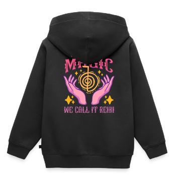 Massage Reiki Nous l’appelons Reiki - Sweat Premium à capuche enfant bio - noir - Dos - AI Model Kid Male (0cm)
