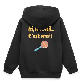 Ici le réveil c'est moi ! - Sweat Premium à capuche enfant bio - noir - Dos - AI Model Kid Male (0cm)