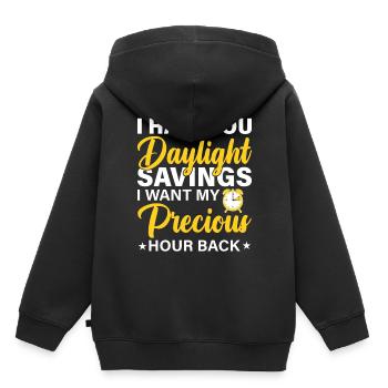 Je te déteste l’heure d’été Je veux mon précieux Hou - Sweat Premium à capuche enfant bio - noir - Dos - AI Model Kid Male (0cm)