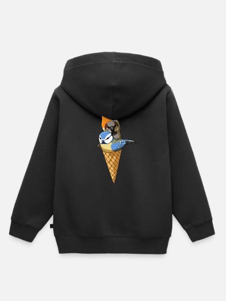 Funny Birds Ice Cream Robin, Blue Tit and House - Kids Premium Organic Hoodie - black