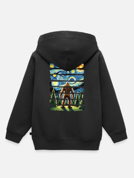 Bigfoot Starry Night Forest Van Gogh - Kids Premium Organic Hoodie - black