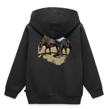 Deux chevaux paissant dans le paddock - Sweat Premium à capuche enfant bio - noir - Dos - AI Model Kid Male (0cm)