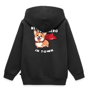 Nouveau super-héros en ville - super-héros dans la ville - Sweat Premium à capuche enfant bio - noir - Dos - AI Model Kid Male (0cm)