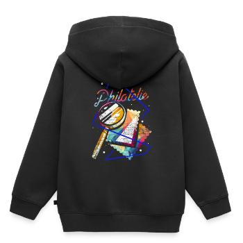 Philatélie cadeau polygone - Sweat Premium à capuche enfant bio - noir - Dos - AI Model Kid Male (0cm)