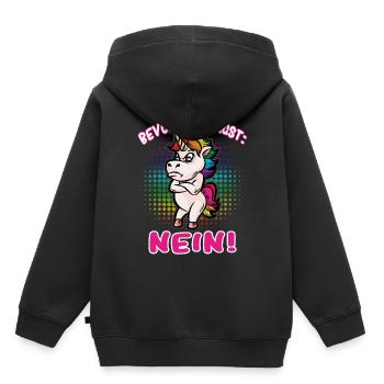Bevor du fragst: Nein! Selbstbewusstes Einhorn - Kinder Premium Organic Hoodie - Schwarz - Hinten - AI Model Kid Male (0cm)