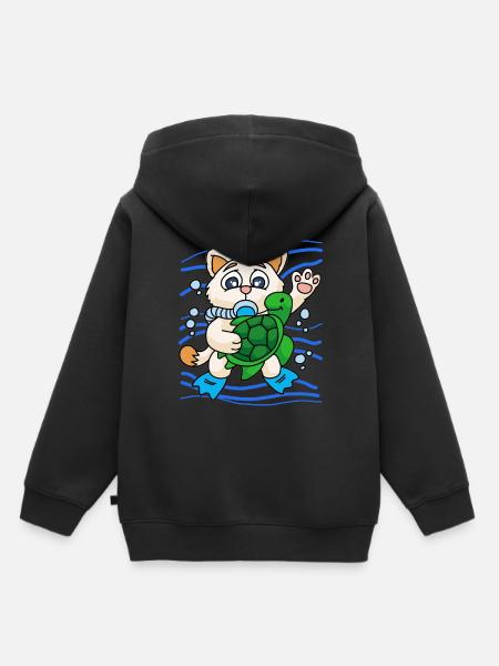 KITTY WITH SEA TURTLE - Kinder Premium Organic Hoodie - Schwarz