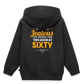 Cadeau de célébration du 60 e anniversaire Ne soyez pas jaloux - Sweat Premium à capuche enfant bio - noir - Dos - AI Model Kid Male (0cm)