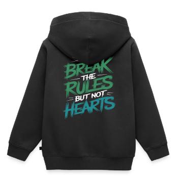 "Wir brechen die Regeln, aber nicht die Herzen" Mutiges Statement - Kinder Premium Organic Hoodie - Schwarz - Hinten - AI Model Kid Male (0cm)