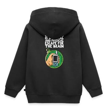 Le géocaching est une évasion mentale et physique - Sweat Premium à capuche enfant bio - noir - Dos - AI Model Kid Male (0cm)