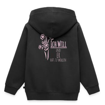 Poltern Damen - Ich will und er hat zu wollen! - Kinder Premium Organic Hoodie - Schwarz - Hinten - AI Model Kid Male (0cm)